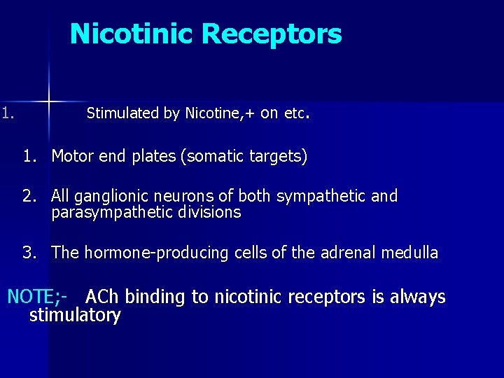 Nicotinic Receptors 1. Stimulated by Nicotine, + on etc. 1. Motor end plates (somatic