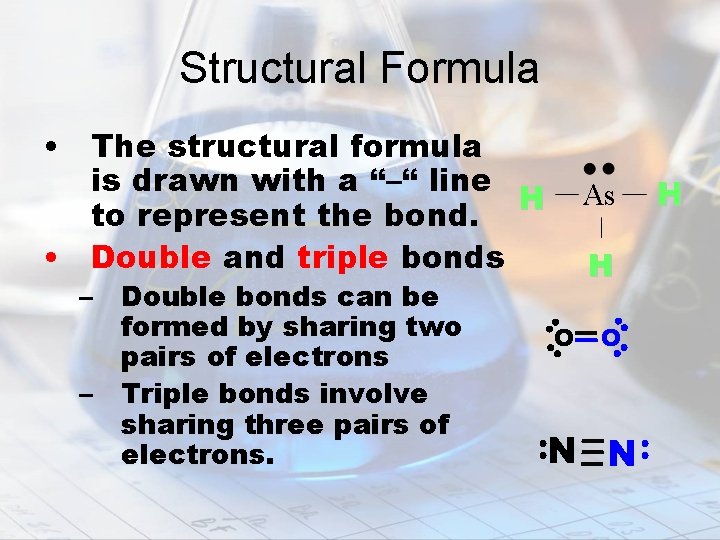 Structural Formula • The structural formula is drawn with a “–“ line to represent