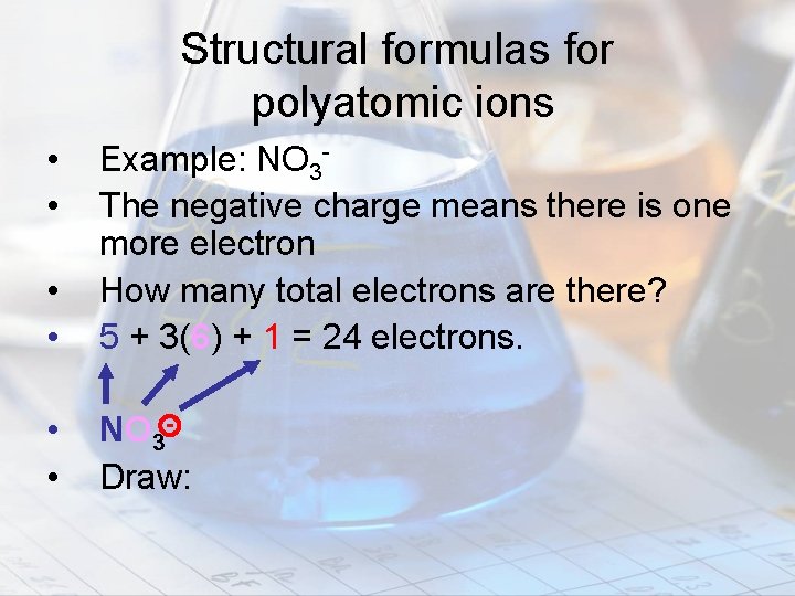 Structural formulas for polyatomic ions • • Example: NO 3 The negative charge means