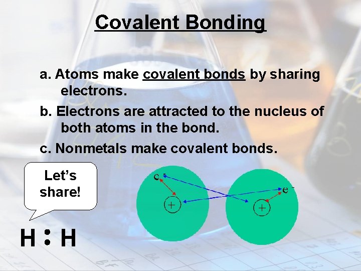 Covalent Bonding a. Atoms make covalent bonds by sharing electrons. b. Electrons are attracted
