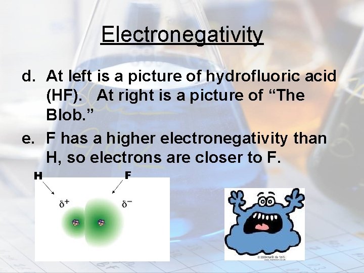 Electronegativity d. At left is a picture of hydrofluoric acid (HF). At right is