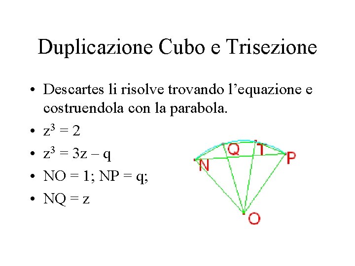 Duplicazione Cubo e Trisezione • Descartes li risolve trovando l’equazione e costruendola con la