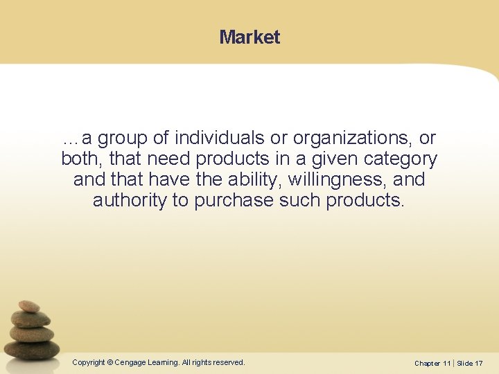 Market …a group of individuals or organizations, or both, that need products in a