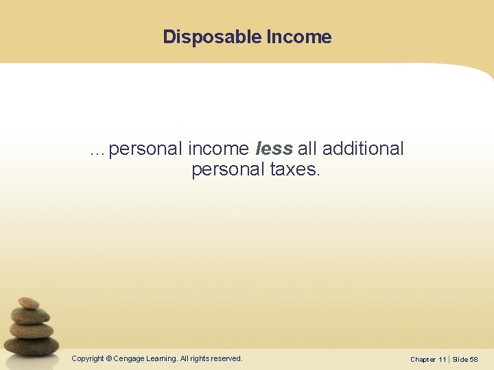 Disposable Income …personal income less all additional personal taxes. Copyright © Cengage Learning. All