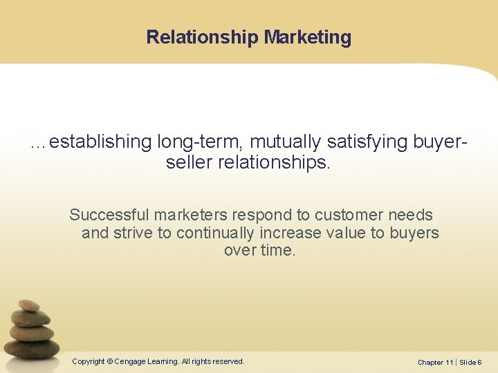 Relationship Marketing …establishing long-term, mutually satisfying buyerseller relationships. Successful marketers respond to customer needs