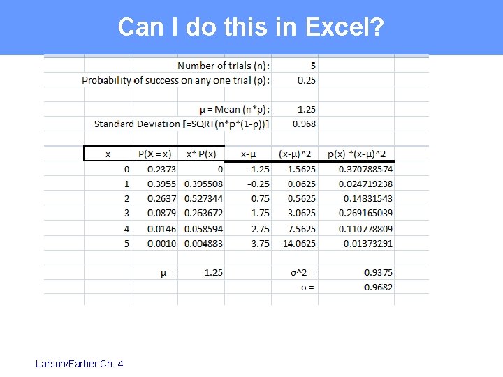 Can I do this in Excel? Larson/Farber Ch. 4 