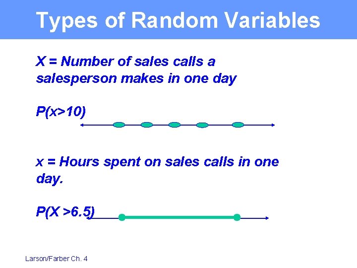 Types of Random Variables X = Number of sales calls a salesperson makes in