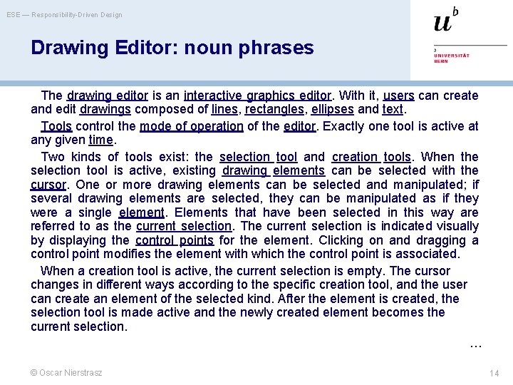 ESE — Responsibility-Driven Design Drawing Editor: noun phrases The drawing editor is an interactive