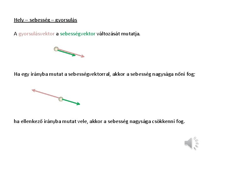 Hely – sebesség – gyorsulás A gyorsulásvektor a sebességvektor változását mutatja. Ha egy irányba