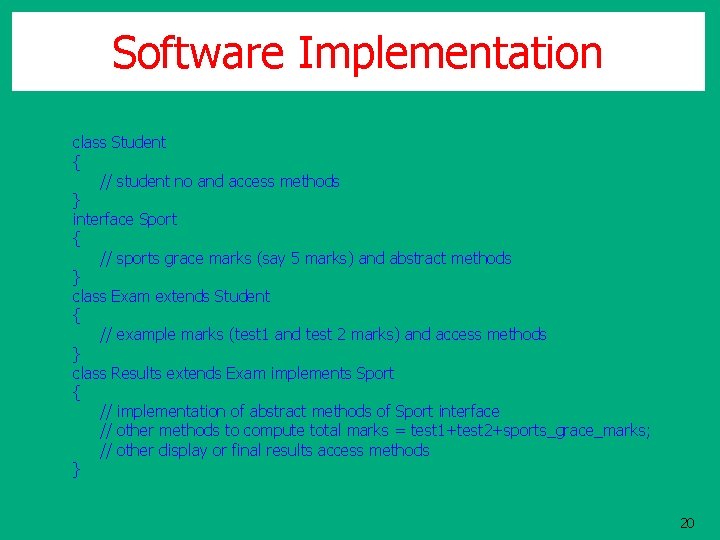 Software Implementation class Student { // student no and access methods } interface Sport Software Implementation class Student { // student no and access methods } interface Sport