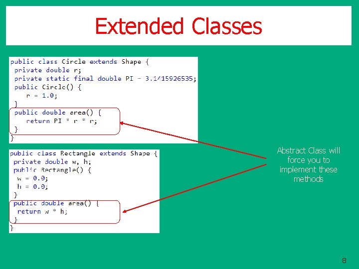 Extended Classes Abstract Class will force you to implement these methods 8 Extended Classes Abstract Class will force you to implement these methods 8