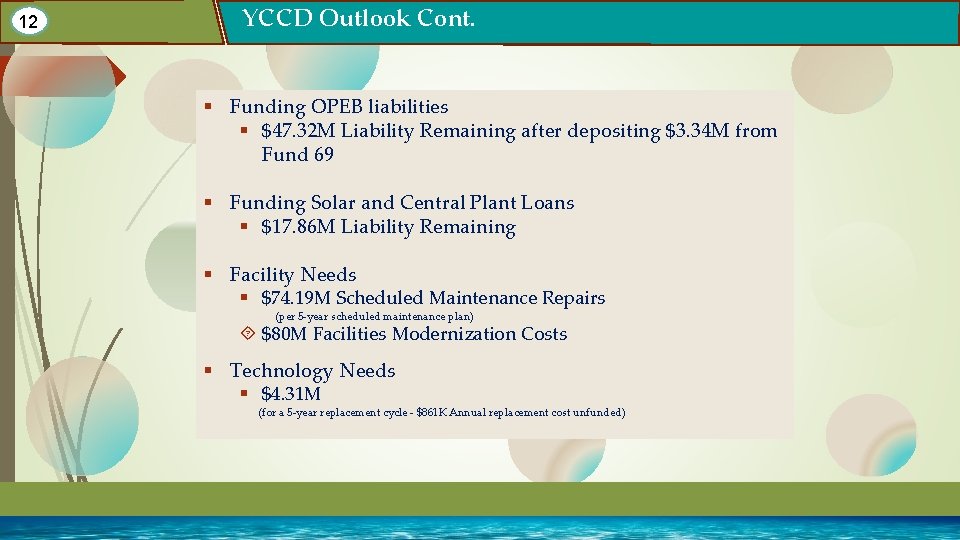 12 YCCD Outlook Cont. § Funding OPEB liabilities § $47. 32 M Liability Remaining 12 YCCD Outlook Cont. § Funding OPEB liabilities § $47. 32 M Liability Remaining