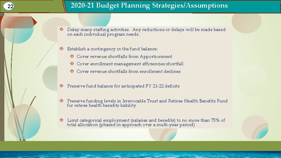 22 2020 -21 Budget Planning Strategies/Assumptions Delay many staffing activities. Any reductions or delays 22 2020 -21 Budget Planning Strategies/Assumptions Delay many staffing activities. Any reductions or delays