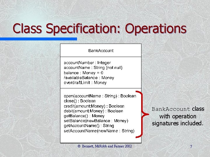 Class Specification: Operations Bank. Account class with operation signatures included. © Bennett, Mc. Robb