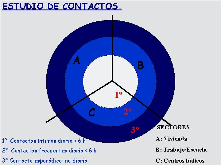 ESTUDIO DE CONTACTOS. A B 1º C 2º 3º SECTORES 1º: Contactos íntimos diario
