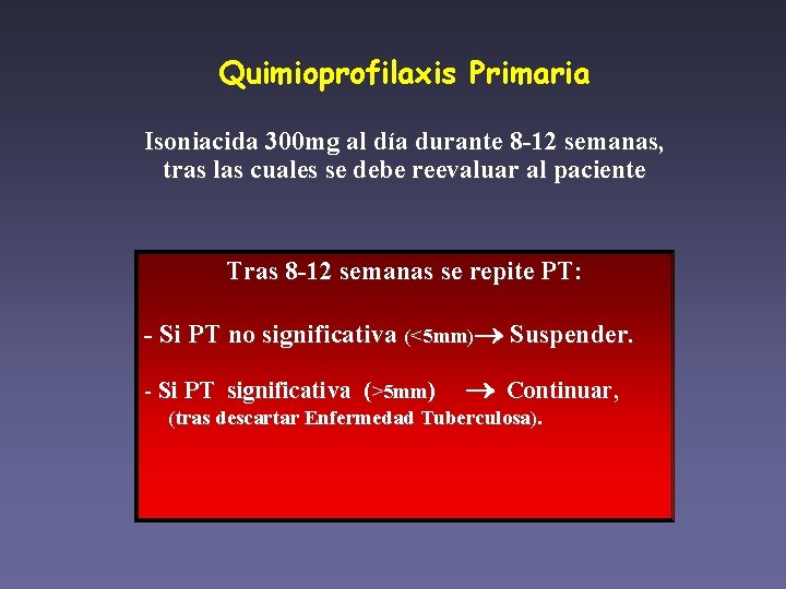 Quimioprofilaxis Primaria Isoniacida 300 mg al día durante 8 -12 semanas, tras las cuales