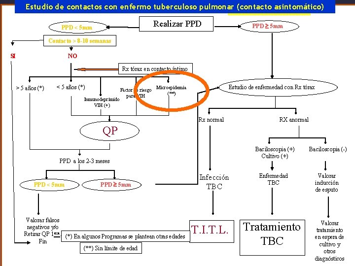 Estudio de contactos con enfermo tuberculoso pulmonar (contacto asintomático) Realizar PPD < 5 mm