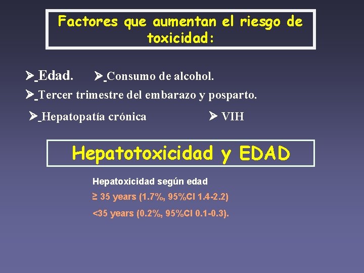 Factores que aumentan el riesgo de toxicidad: Edad. Consumo de alcohol. Tercer trimestre del