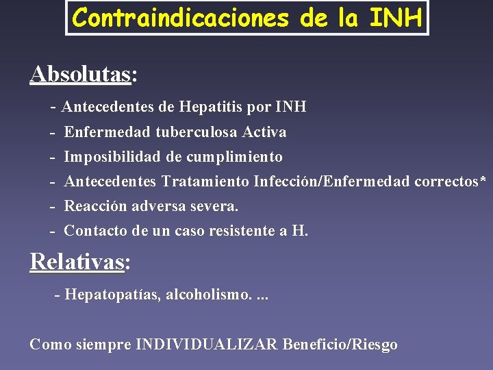 Contraindicaciones de la INH Absolutas: - Antecedentes de Hepatitis por INH - Enfermedad tuberculosa