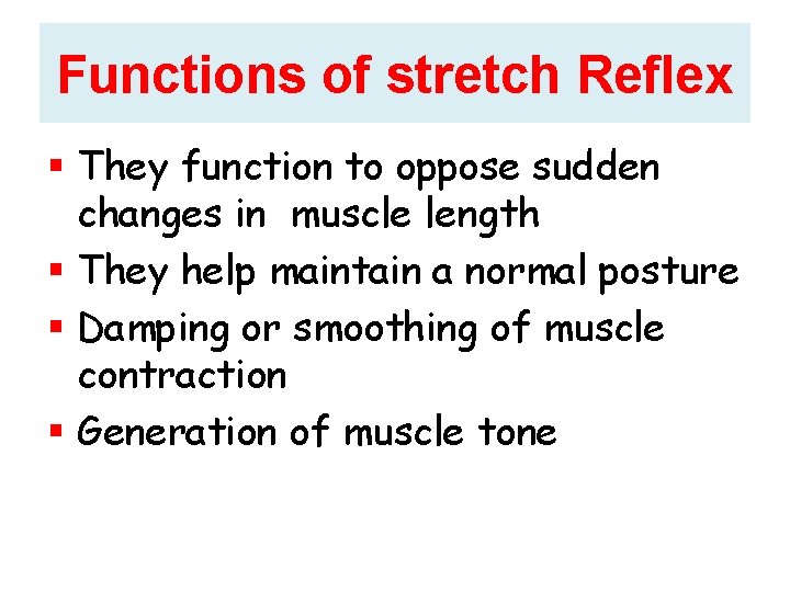 Functions of stretch Reflex They function to oppose sudden changes in muscle length They