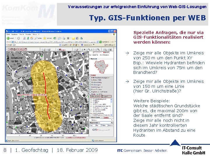 Voraussetzungen zur erfolgreichen Einführung von Web-GIS-Lösungen Typ. GIS-Funktionen per WEB Spezielle Anfragen, die nur