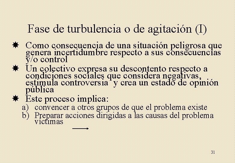 Fase de turbulencia o de agitación (I) Como consecuencia de una situación peligrosa que