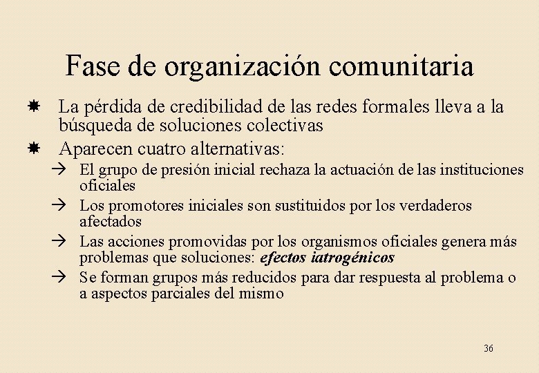 Fase de organización comunitaria La pérdida de credibilidad de las redes formales lleva a