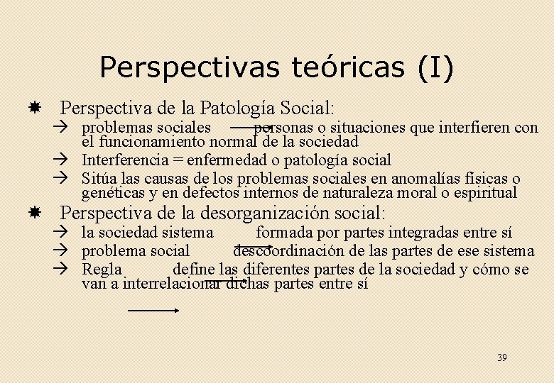 Perspectivas teóricas (I) Perspectiva de la Patología Social: problemas sociales personas o situaciones que