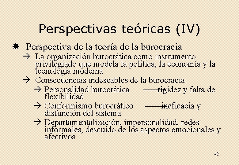 Perspectivas teóricas (IV) Perspectiva de la teoría de la burocracia La organización burocrática como