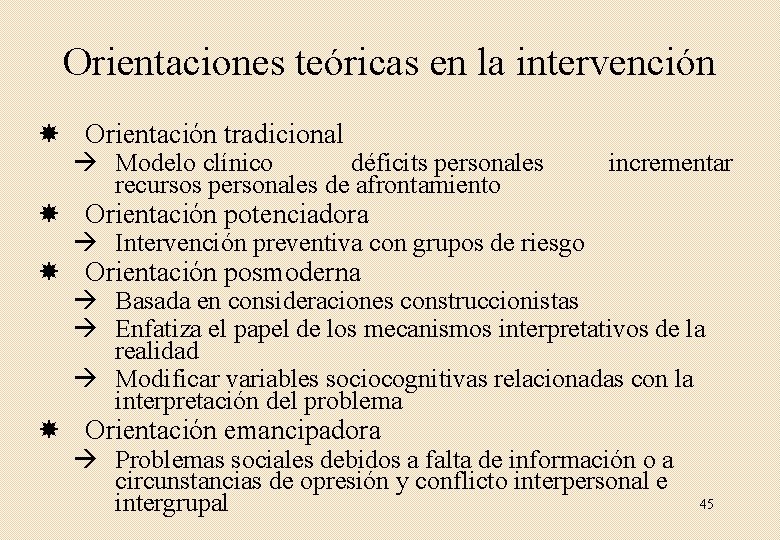 Orientaciones teóricas en la intervención Orientación tradicional Modelo clínico déficits personales recursos personales de