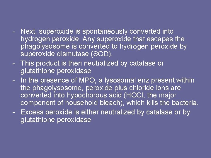 - Next, superoxide is spontaneously converted into hydrogen peroxide. Any superoxide that escapes the
