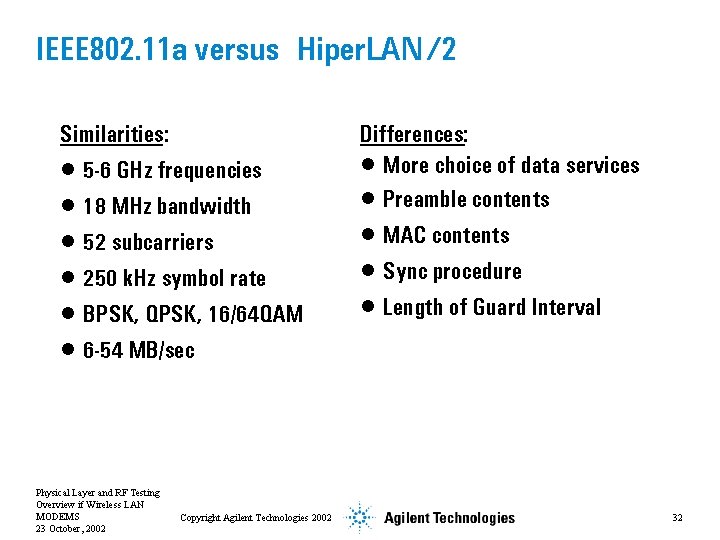 IEEE 802. 11 a versus Hiper. LAN/2 Similarities: • 5 -6 GHz frequencies •