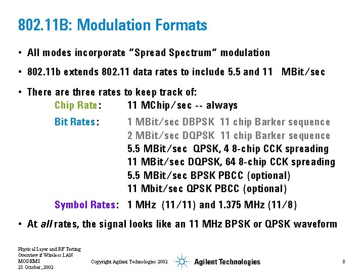 802. 11 B: Modulation Formats • All modes incorporate “Spread Spectrum” modulation • 802.