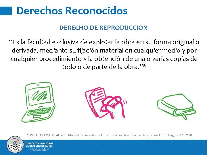 Derechos Reconocidos DERECHO DE REPRODUCCION “Es la facultad exclusiva de explotar la obra en