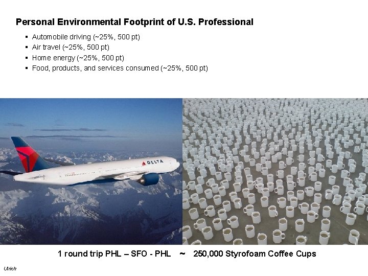 Personal Environmental Footprint of U. S. Professional § § Automobile driving (~25%, 500 pt)