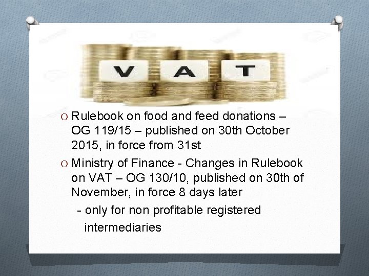 O Rulebook on food and feed donations – OG 119/15 – published on 30