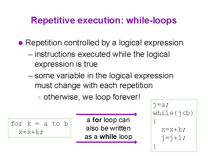 Repetitive execution: while-loops ® Repetition controlled by a logical expression – instructions executed while