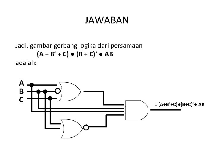 JAWABAN Jadi, gambar gerbang logika dari persamaan (A + B’ + C) ● (B