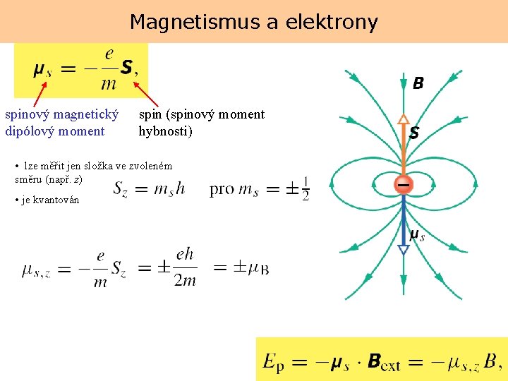 Magnetismus a elektrony spinový magnetický dipólový moment spin (spinový moment hybnosti) • lze měřit