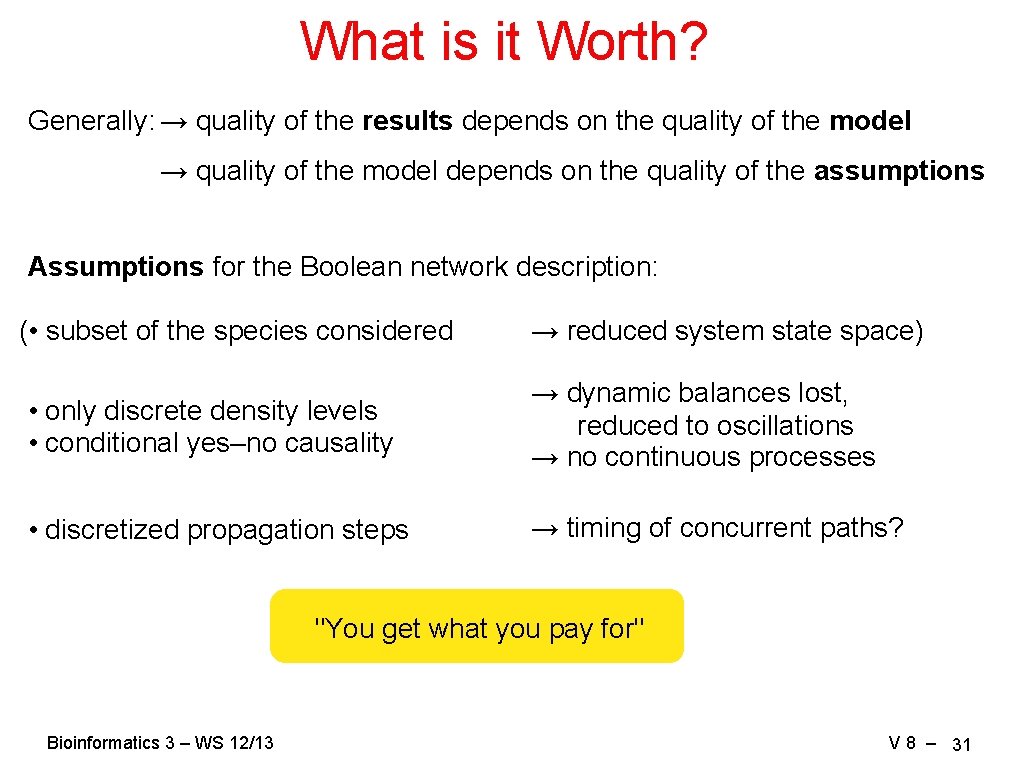 What is it Worth? Generally: → quality of the results depends on the quality