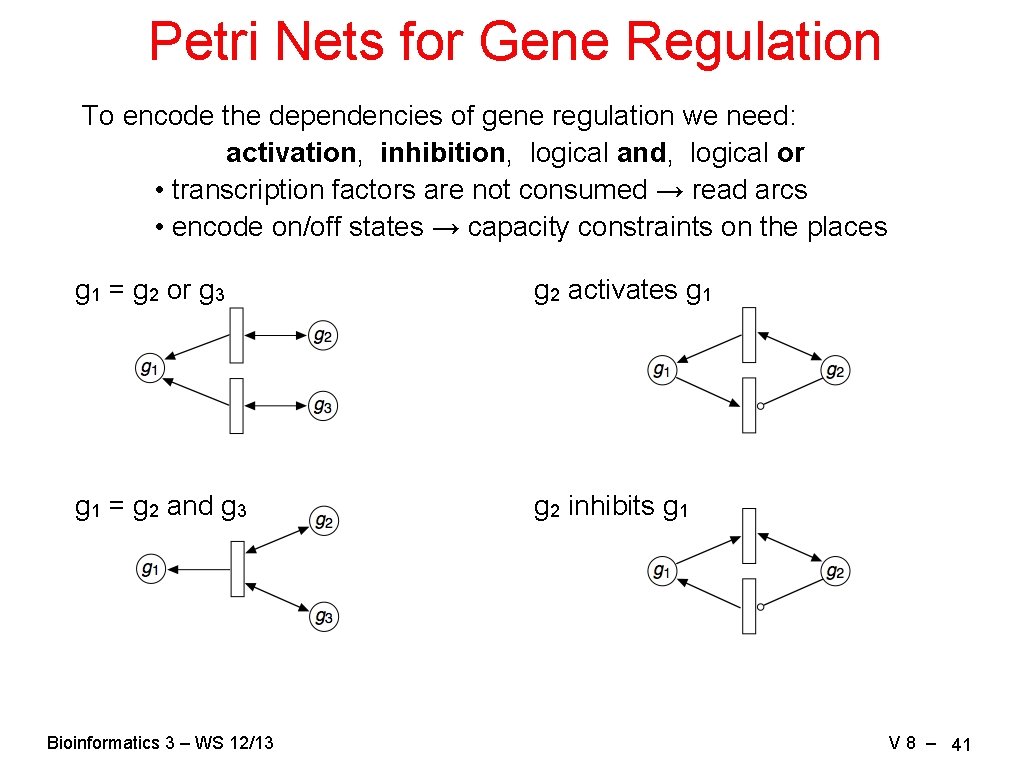 Petri Nets for Gene Regulation To encode the dependencies of gene regulation we need: