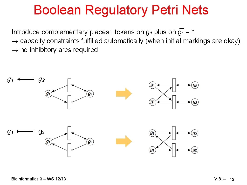 Boolean Regulatory Petri Nets Introduce complementary places: tokens on g 1 plus on g