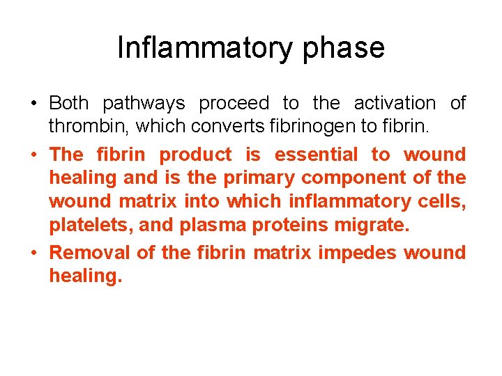 Inflammatory phase • Both pathways proceed to the activation of thrombin, which converts fibrinogen
