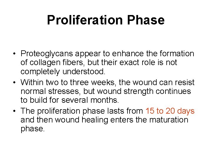 Proliferation Phase • Proteoglycans appear to enhance the formation of collagen fibers, but their