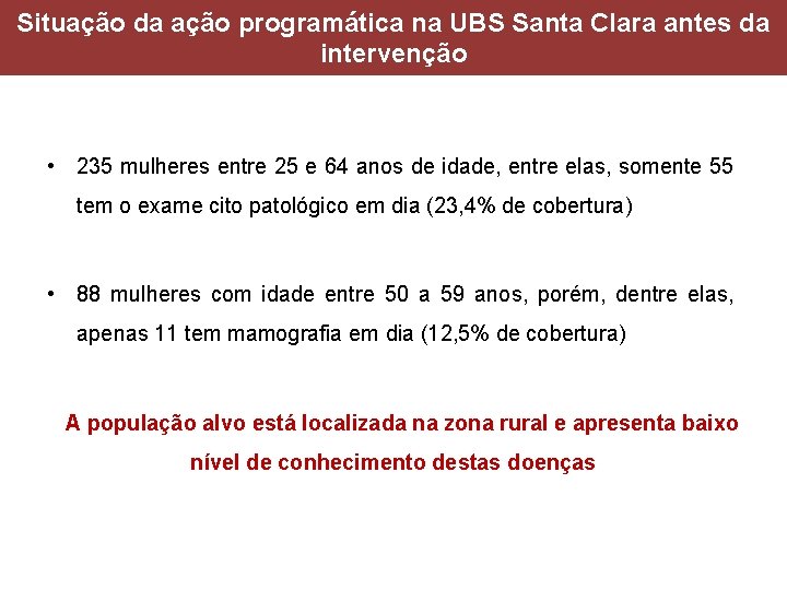 Situação da ação programática na UBS Santa Clara antes da intervenção • 235 mulheres