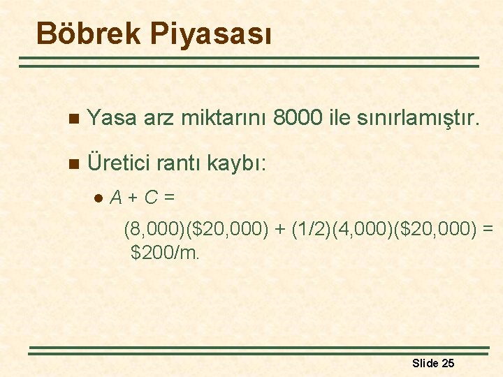 Böbrek Piyasası n Yasa arz miktarını 8000 ile sınırlamıştır. n Üretici rantı kaybı: l