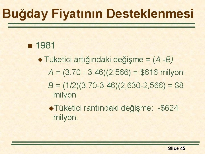 Buğday Fiyatının Desteklenmesi n 1981 l Tüketici artığındaki değişme = (A -B) A =