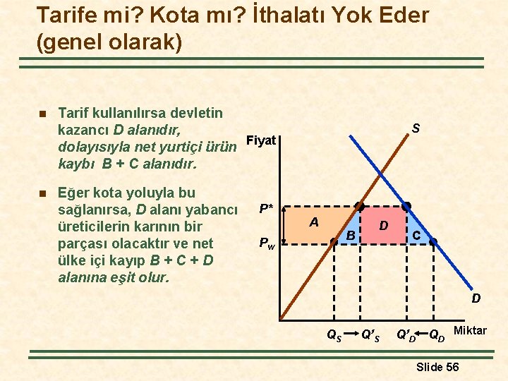 Tarife mi? Kota mı? İthalatı Yok Eder (genel olarak) n n Tarif kullanılırsa devletin