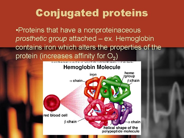 Conjugated proteins • Proteins that have a nonproteinaceous prosthetic group attached – ex. Hemoglobin