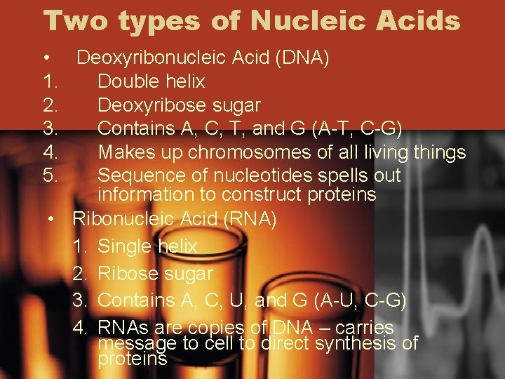 Two types of Nucleic Acids • Deoxyribonucleic Acid (DNA) 1. Double helix 2. Deoxyribose